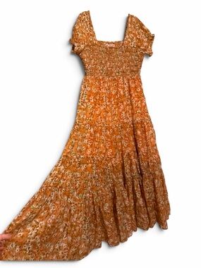 Southern Fried Chics Orange Floral Smocked Tiered Maxi Dress XXL